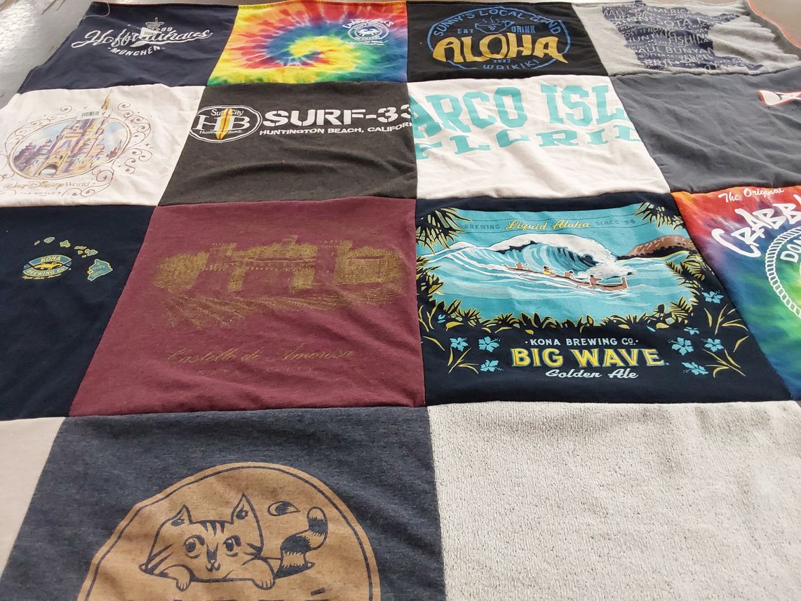 T-shirt quilt with beach, brewing themes by Brenna from MN