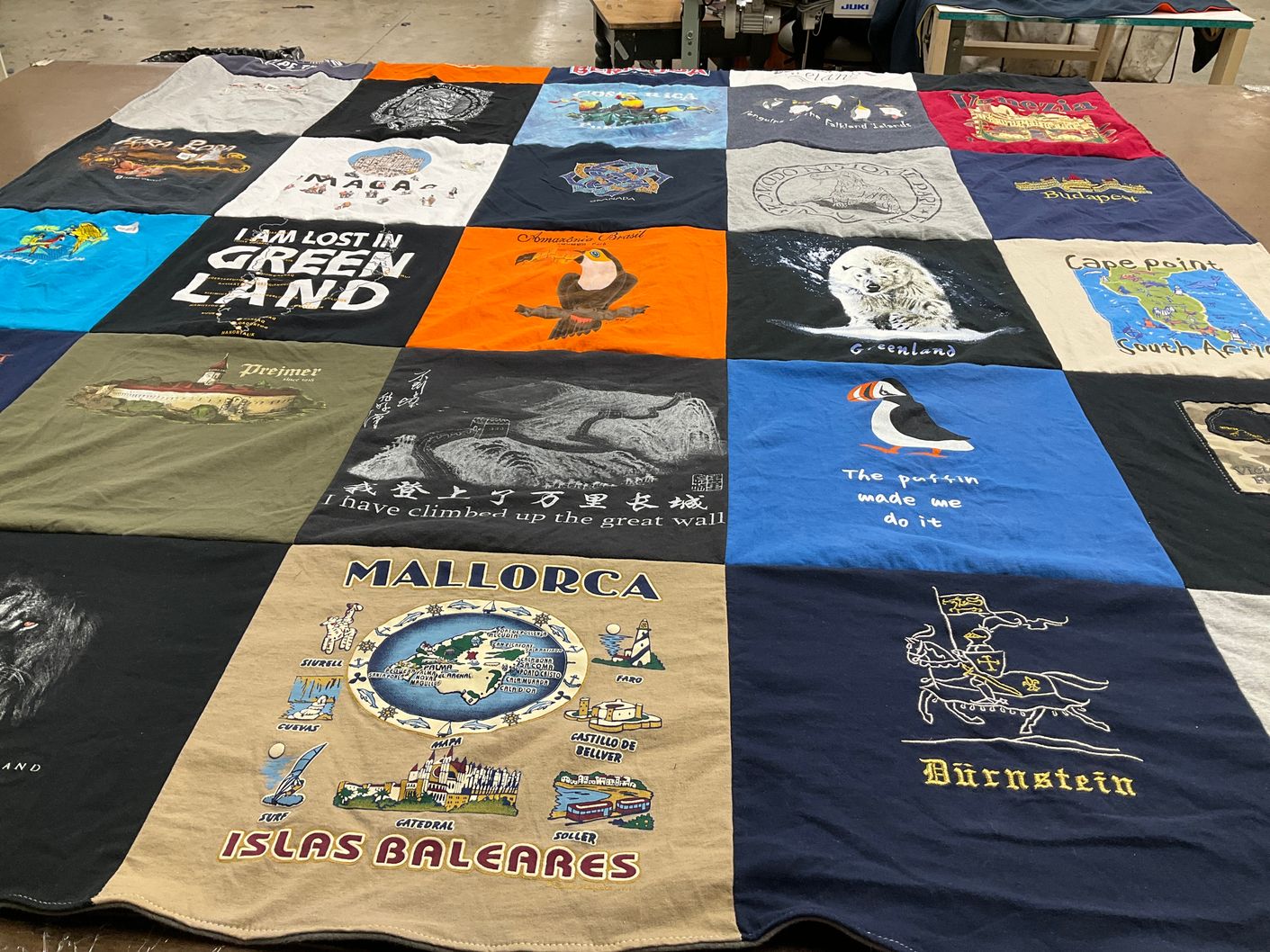 T-shirt quilt with travel, geography themes by Nancy from VA