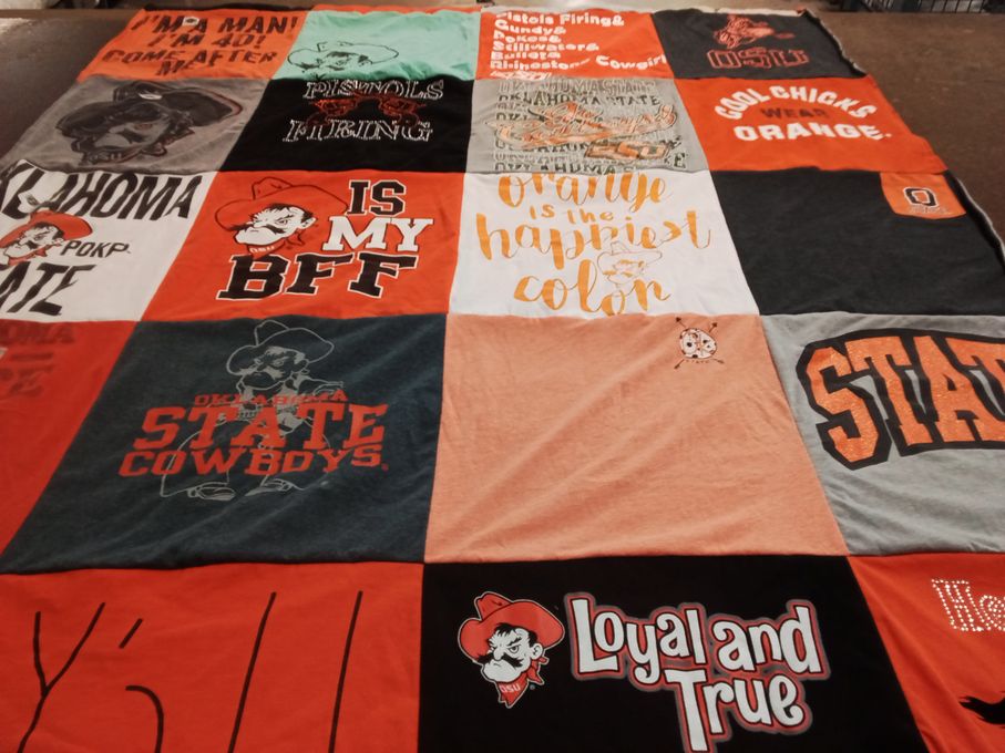 T-shirt quilt featuring oklahoma state university cowboys by Courtney from OK