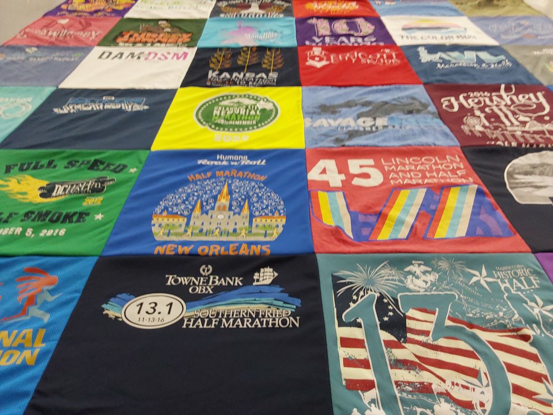 T-shirt quilt with running, marathons themes by Lori from AK