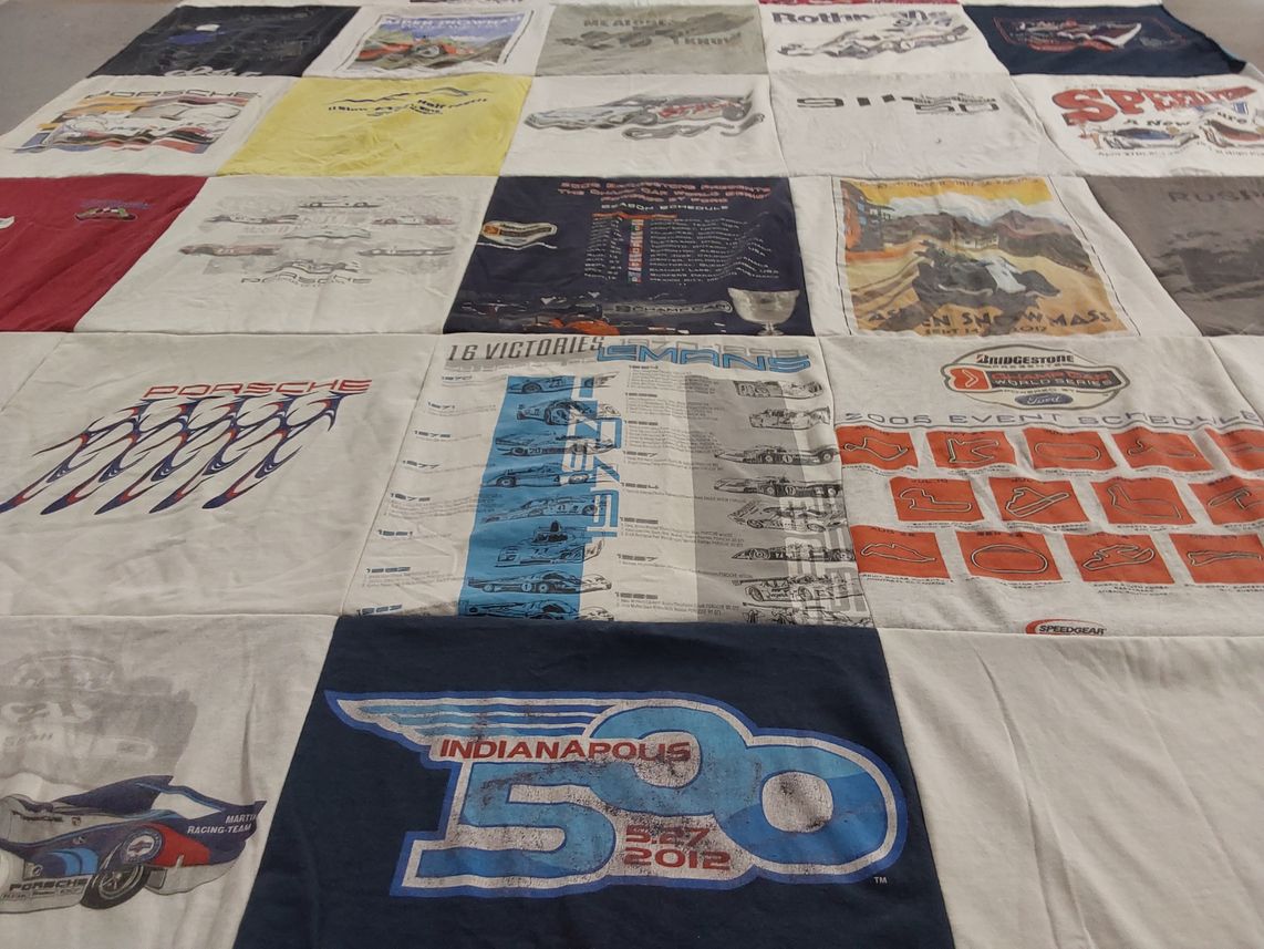 T-shirt quilt with motorsports, car racing themes by Jamie from CO