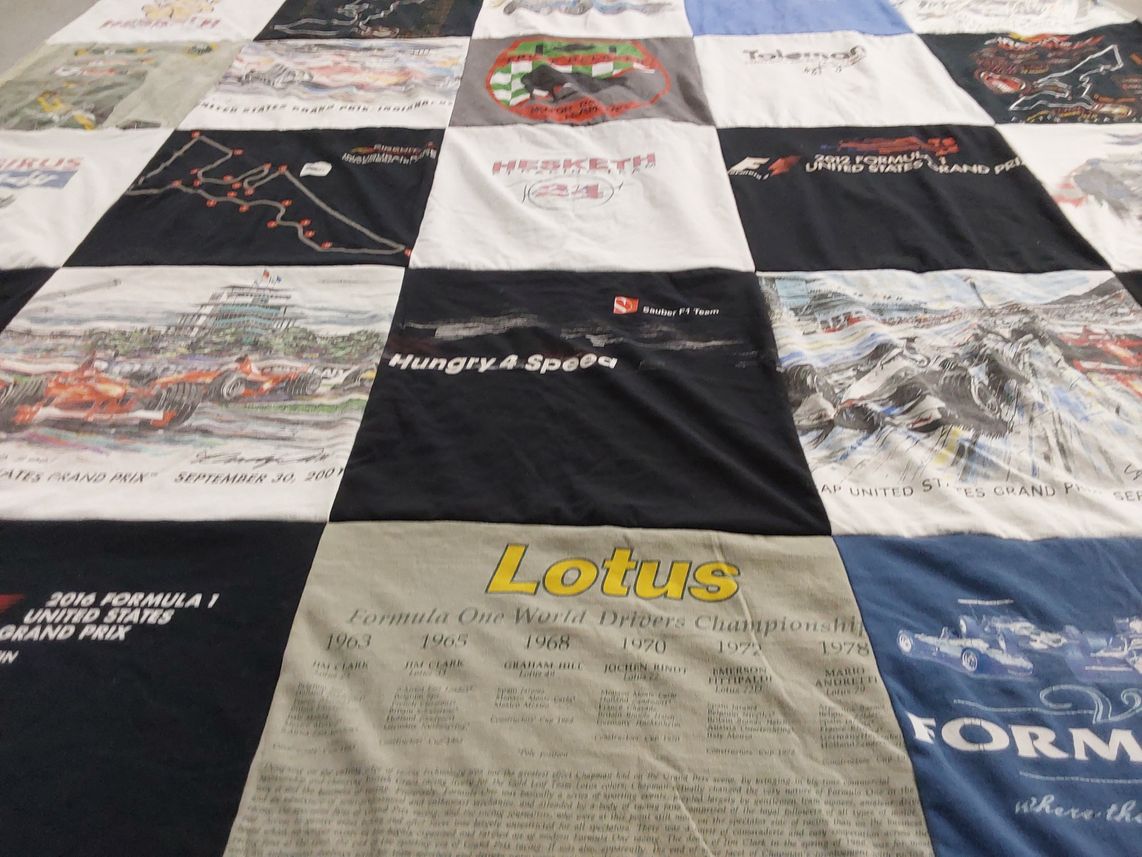 T-shirt quilt with formula one, motorsports themes by Jamie from CO