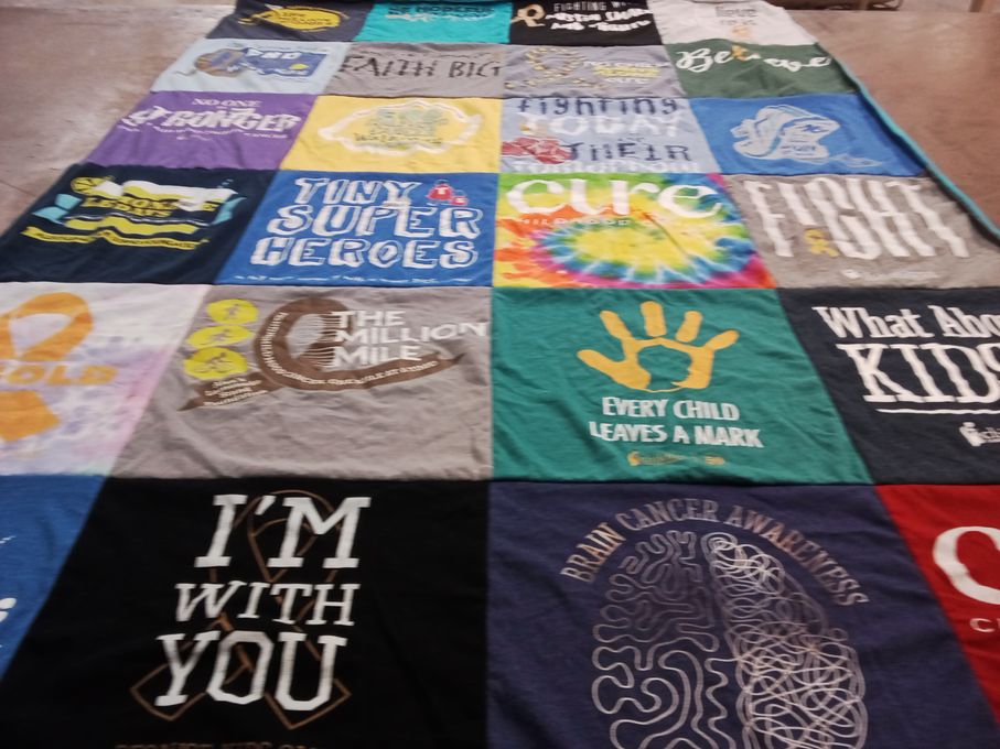 T-shirt quilt with cancer awareness, childhood cancer themes by Wendi from WA