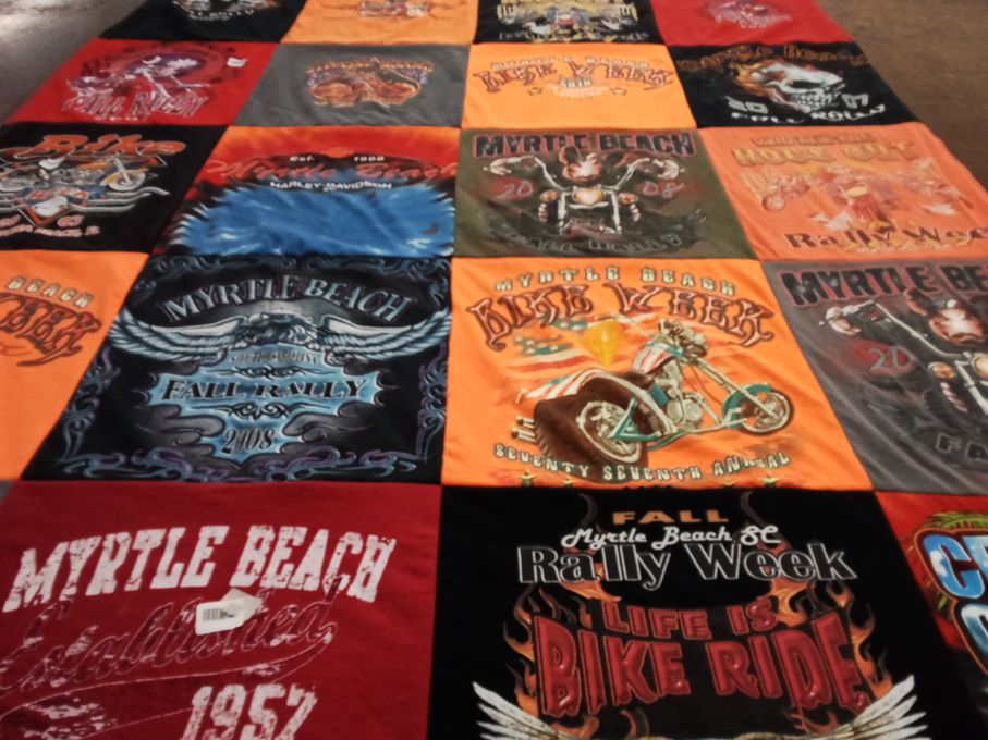T-shirt quilt with motorcycling, rallies themes by Heather from VA