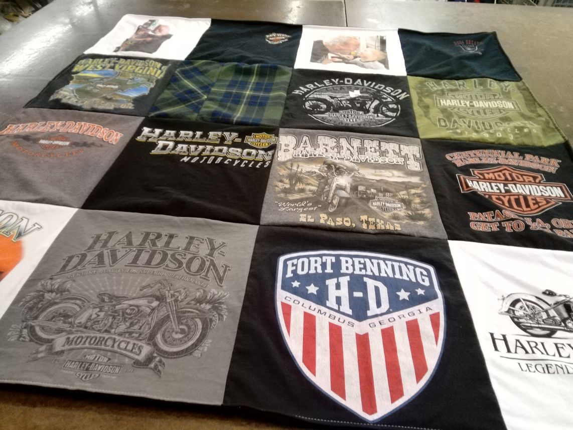 T-shirt quilt with motorcycles, biking themes by Penny from OH