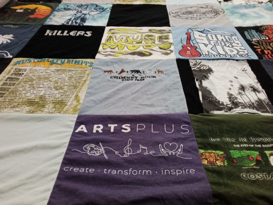 T-shirt quilt with music, art themes by Jane from NC