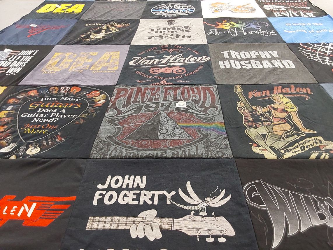 T-shirt quilt with music, guitar themes by Stacy from NJ