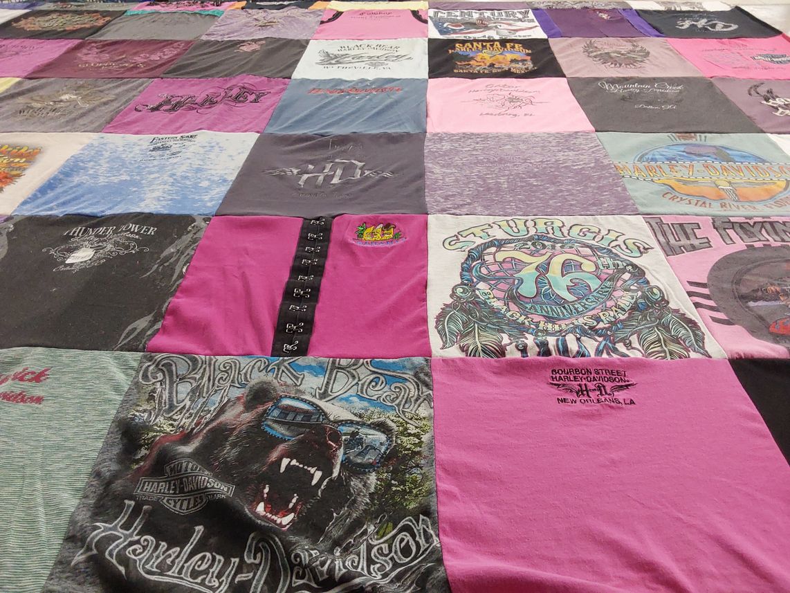 T-shirt quilt with motorcycles, biking themes by Victoria from FL
