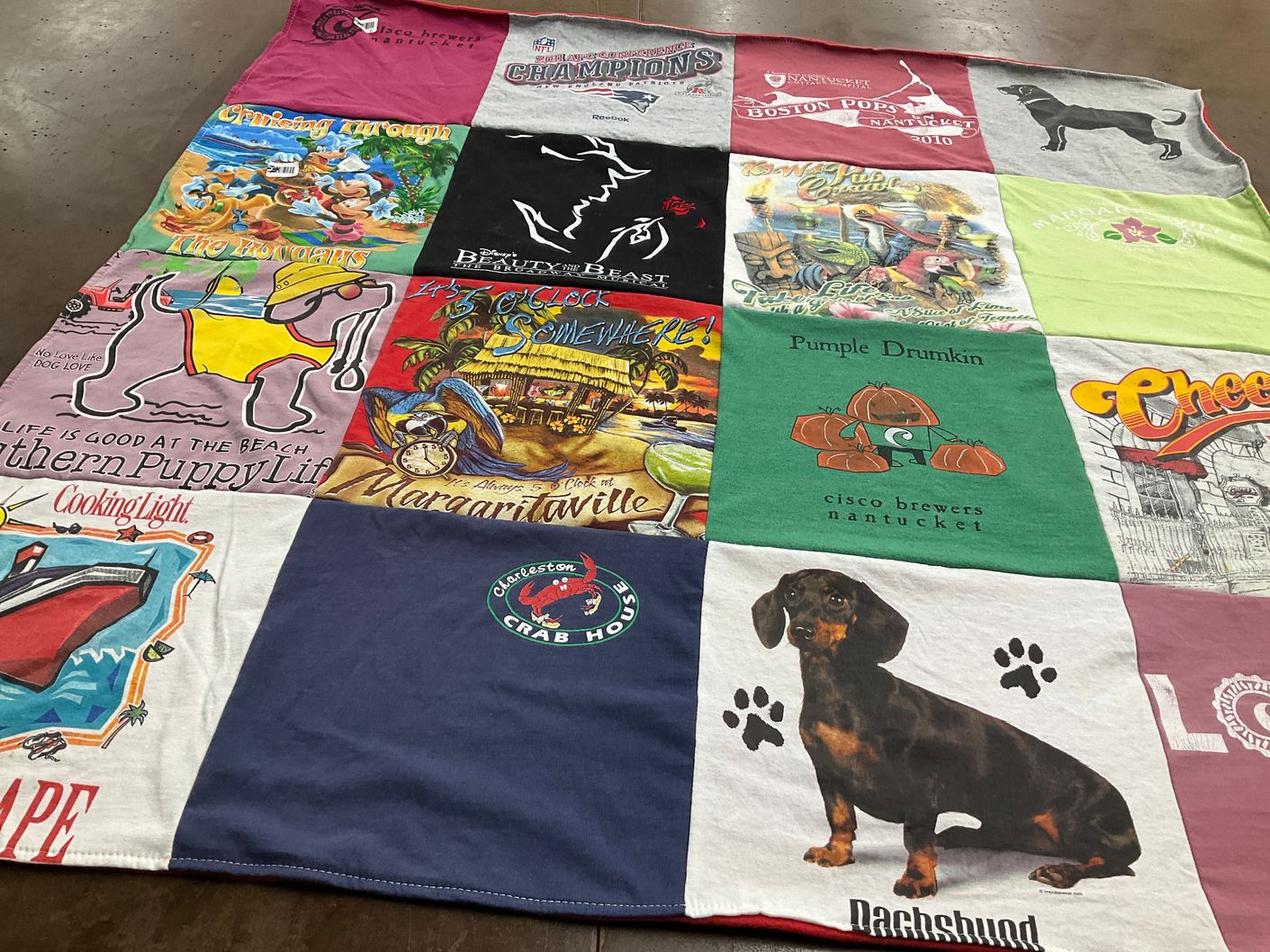 T-shirt quilt with beaches, cooking themes by Darlene from MA