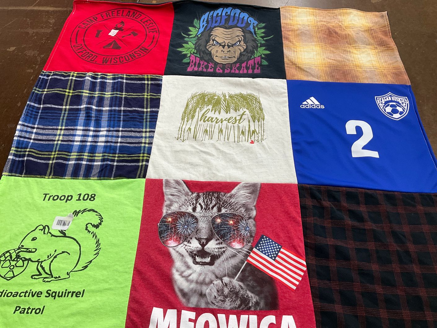T-shirt quilt with camping, scouting themes by Anna from WI
