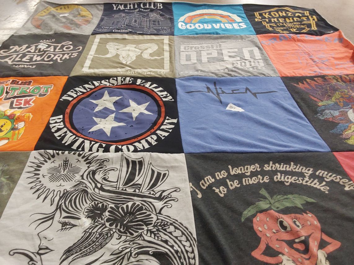 T-shirt quilt with brewing, fitness themes by Danielle from TX