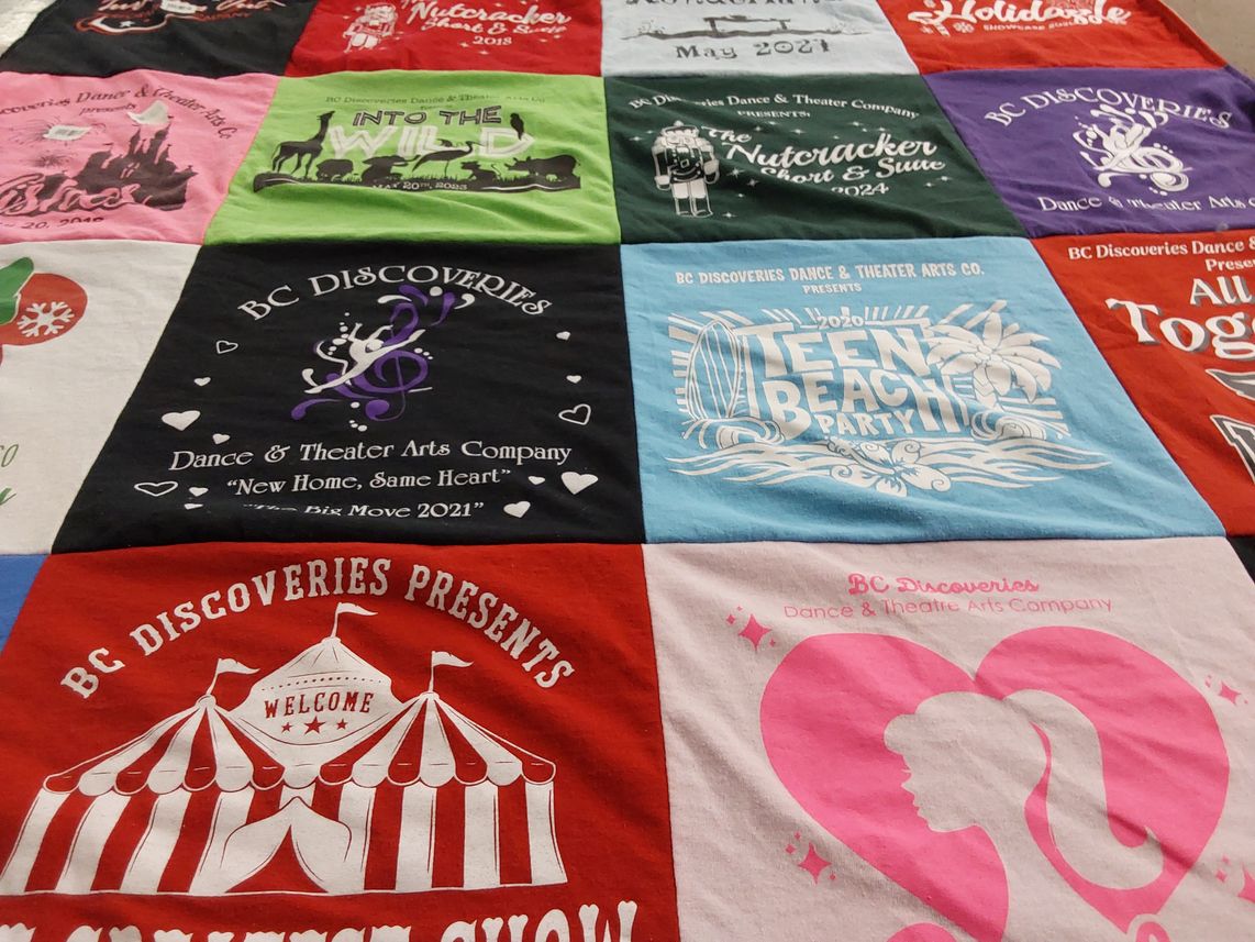 T-shirt quilt with dance, theater themes by Ellen from PA