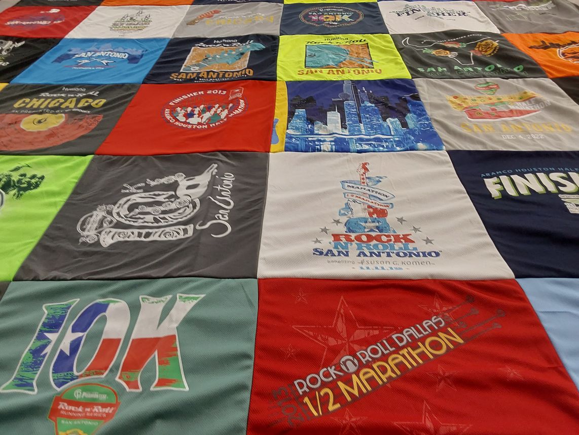 T-shirt quilt with running, marathons themes by Lesley from TX
