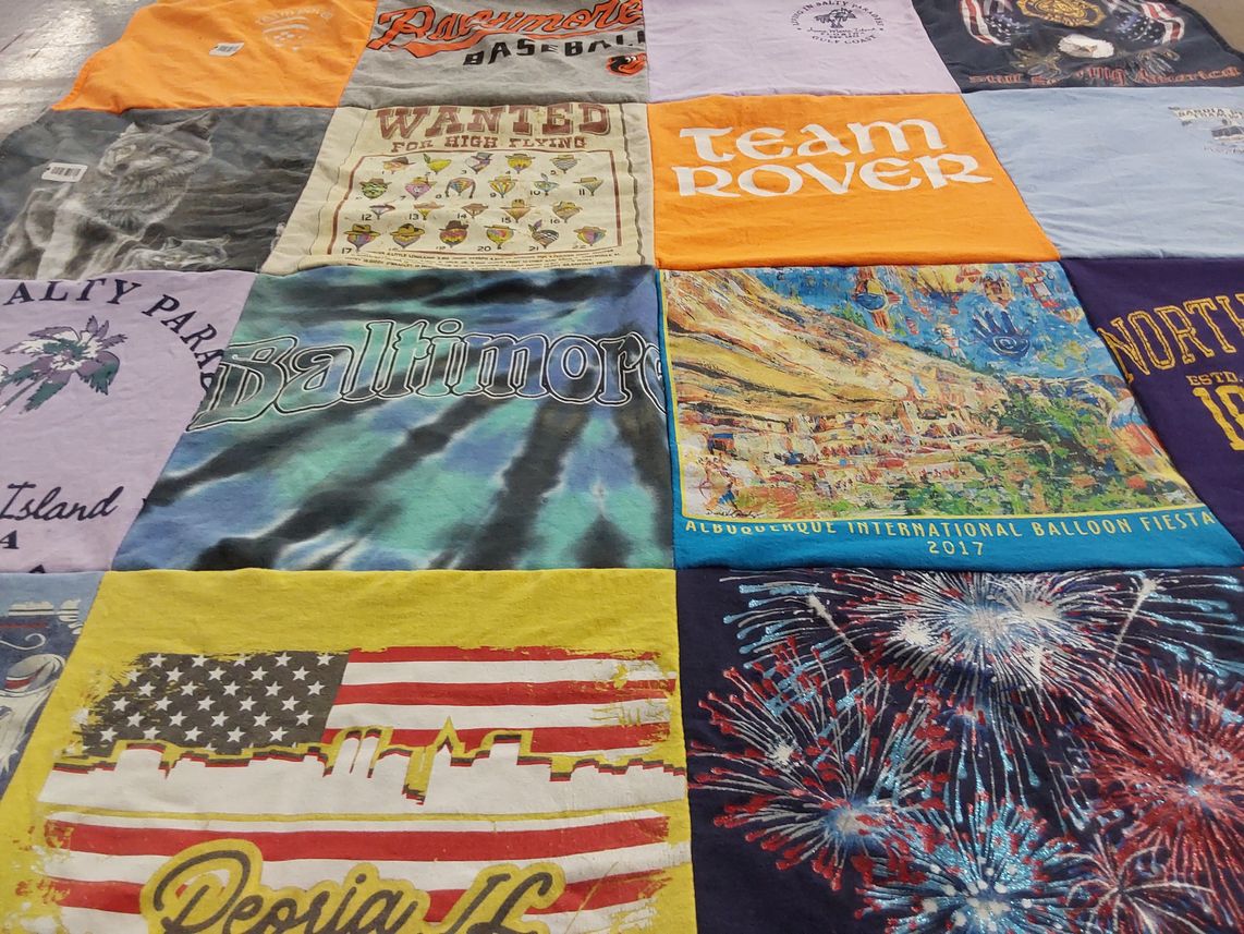 T-shirt quilt with baseball, ballooning themes by Stephanie from IA