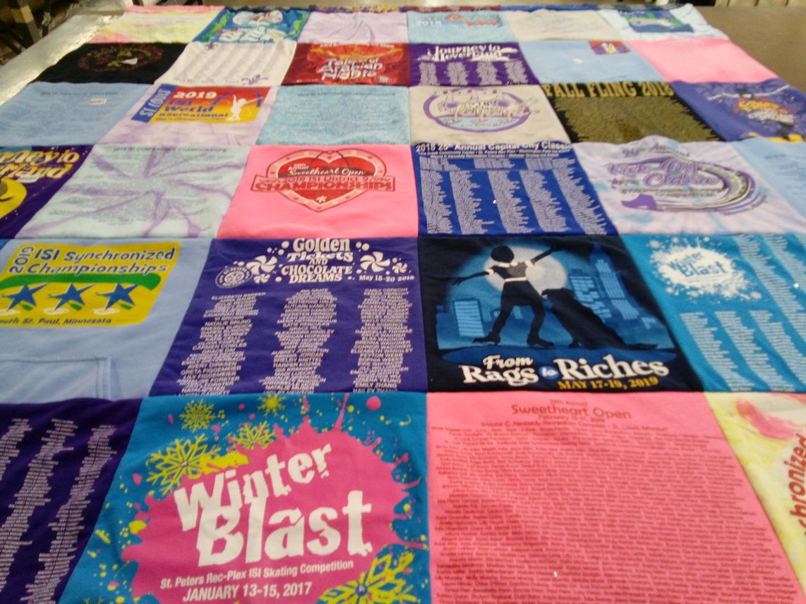 T-shirt quilt with ice skating, synchronized skating themes by Katie from MO