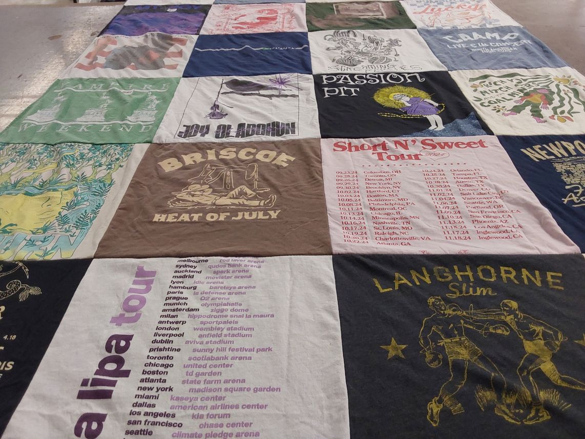 T-shirt quilt with music, concerts themes by Rose from NY