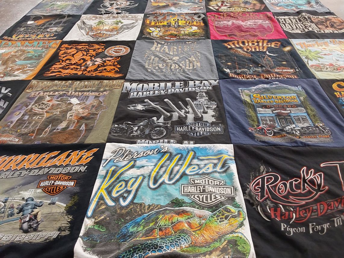 T-shirt quilt with motorcycles, biker culture themes by Andria from AL