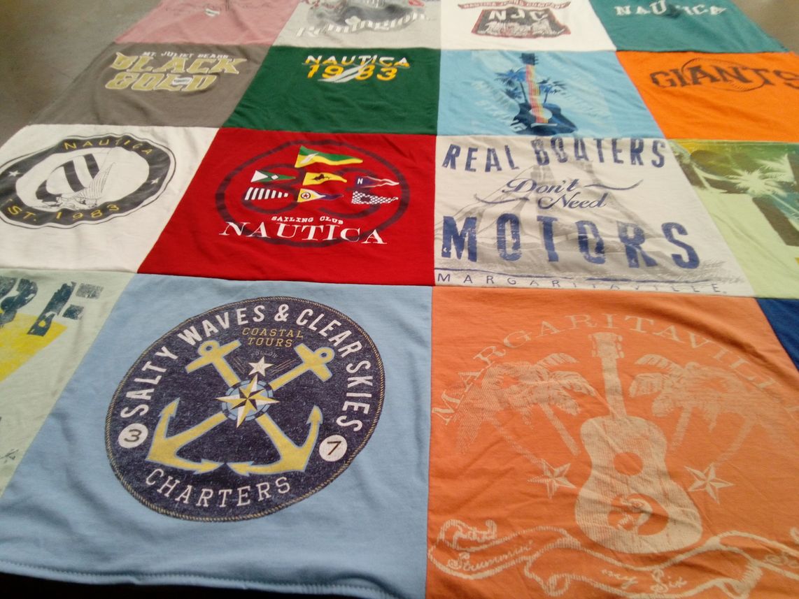 T-shirt quilt with sailing, beaching themes by Gloria from TN