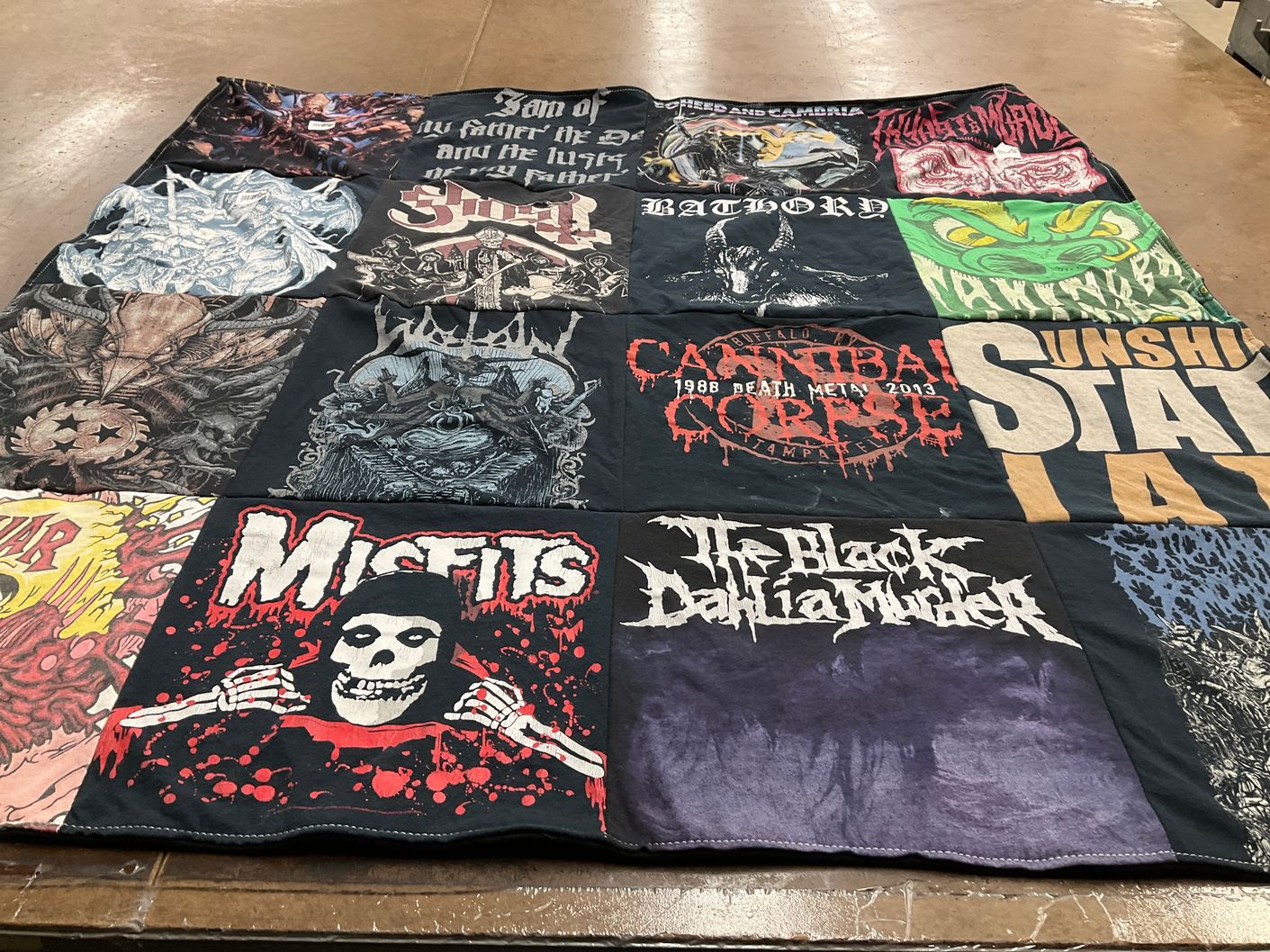 T-shirt quilt with metal music, death metal themes by Hannah from WA