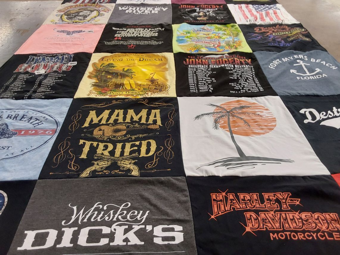 T-shirt quilt with music, beaches themes by Dorothy from MO