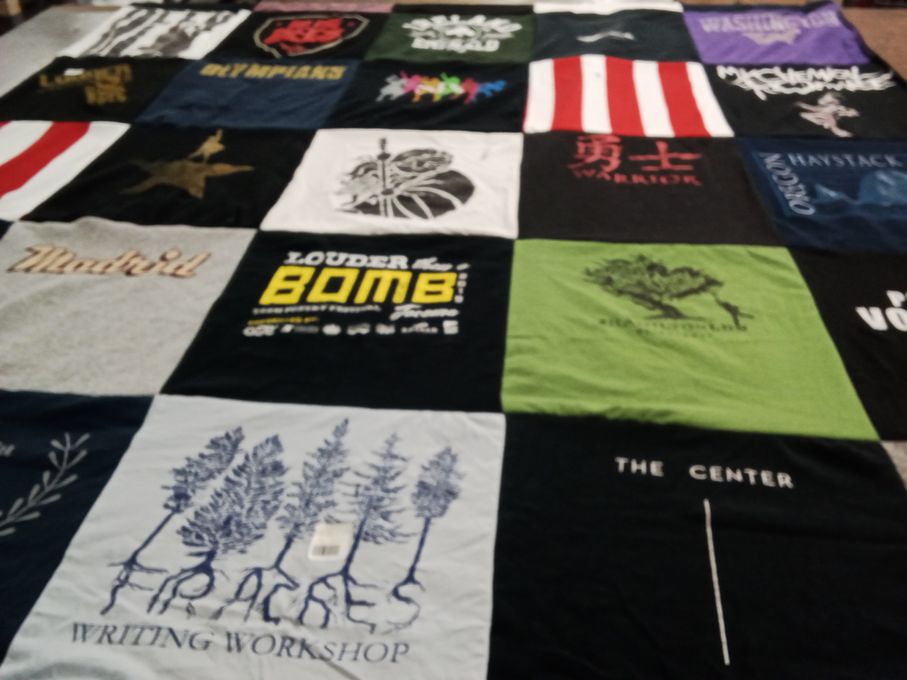 T-shirt quilt with writing, workshops themes by Julie from WA