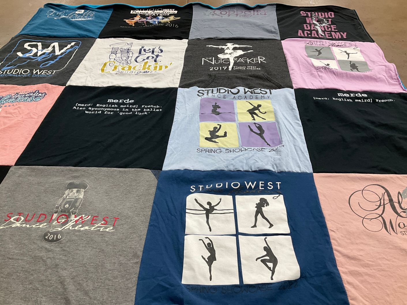 T-shirt quilt with dance, theatre themes by Julie from WA