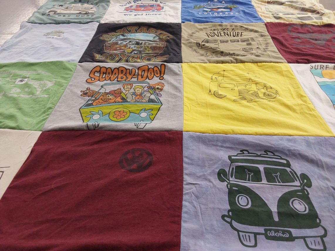 T-shirt quilt with vintage cars, animation themes by Rachel from CO