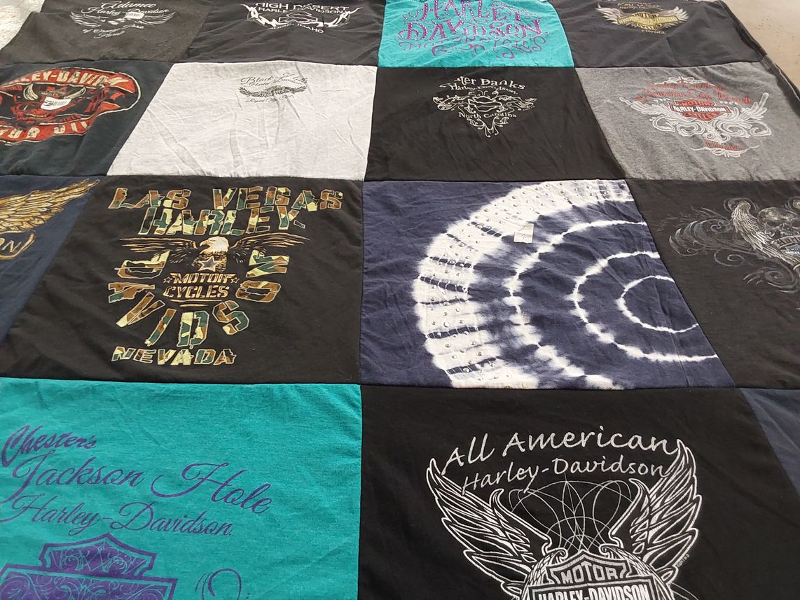 T-shirt quilt with motorcycles, biking themes by Tara from MD