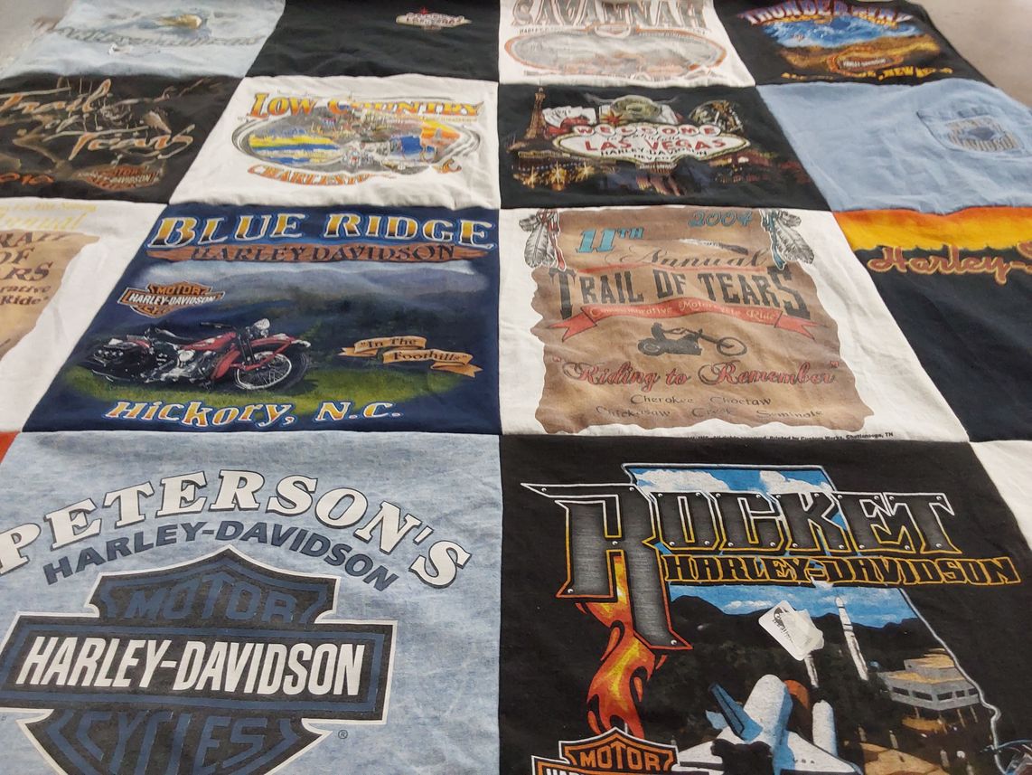 T-shirt quilt with motorcycles, biking themes by Jessica from TN