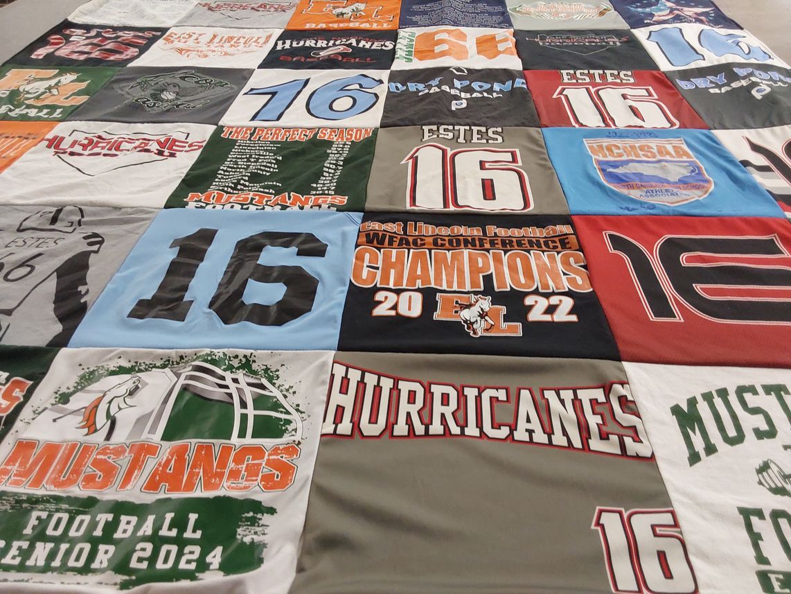 T-shirt quilt featuring east lincoln high school mustangs, hurricanes by Janice from NC