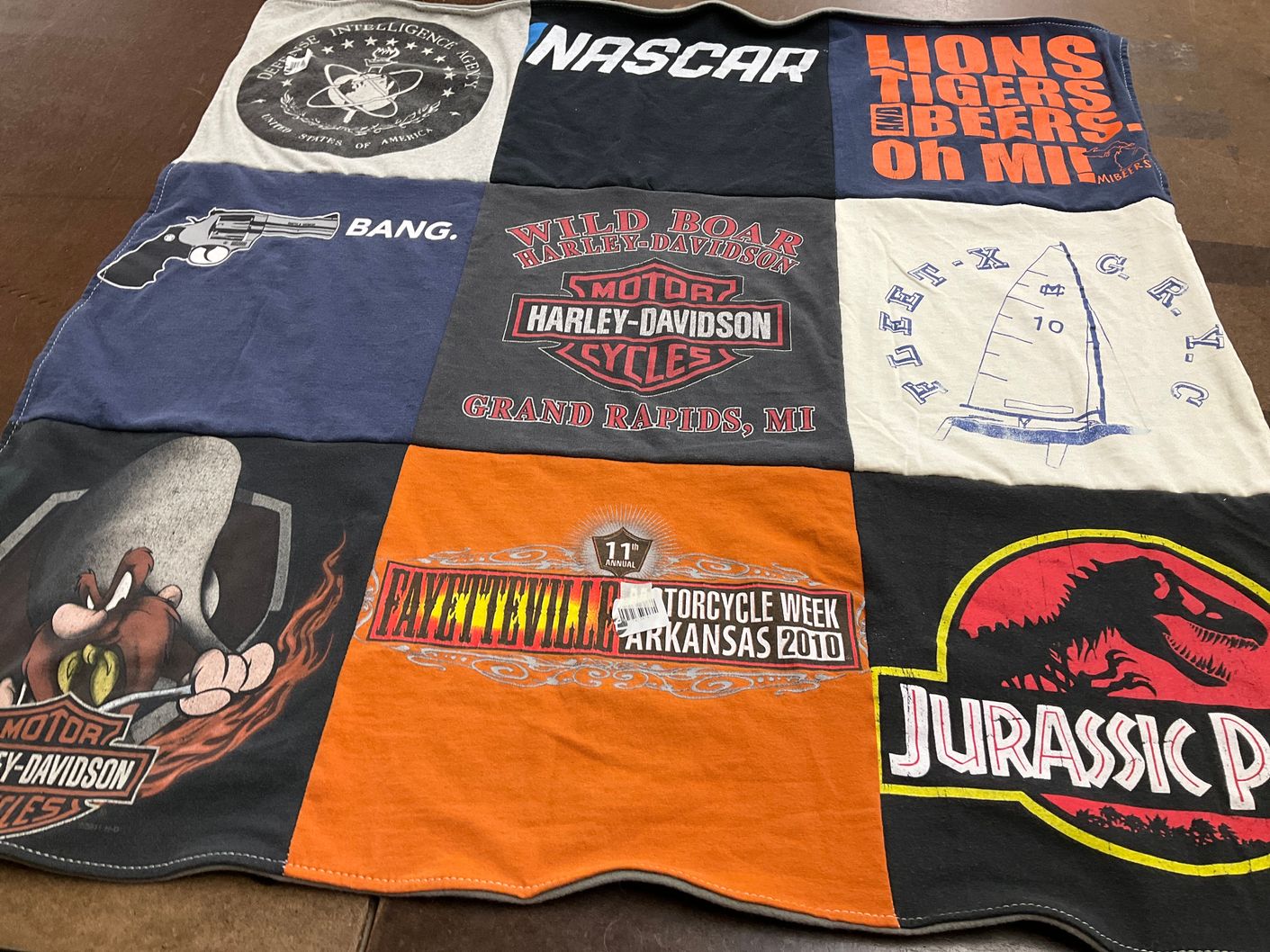 T-shirt quilt with motorcycles, nascar themes by David from FL