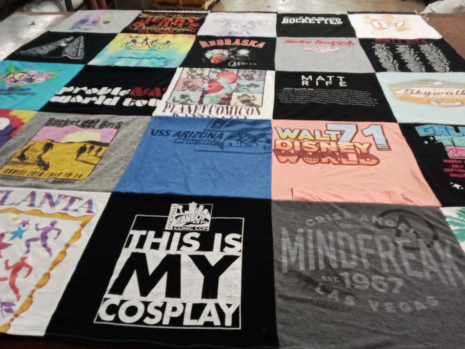 T-shirt quilt with cosplay, sports themes by Carrie from NE