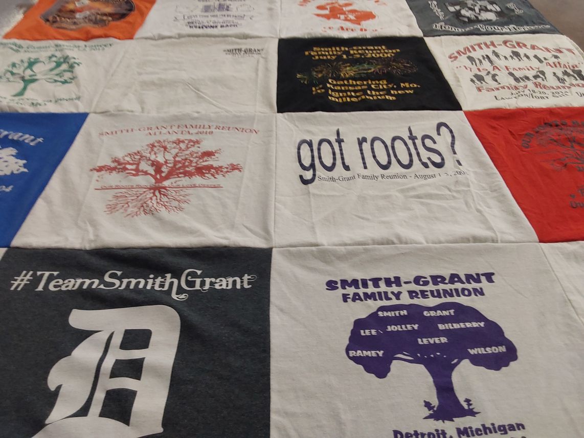 T-shirt quilt with family, genealogy themes by Cora from WI