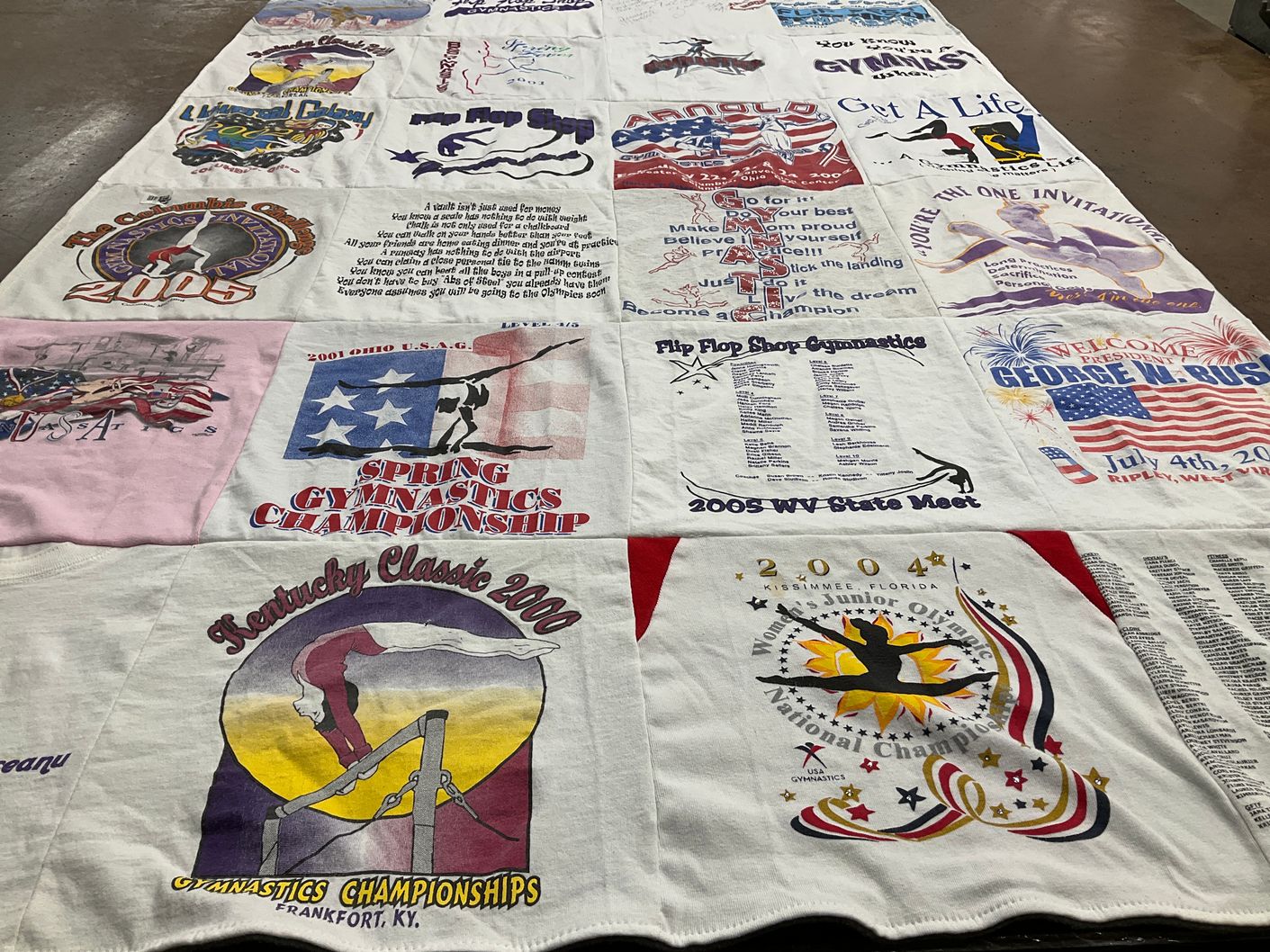 T-shirt quilt with gymnastics, sports themes by Jennifer from OH