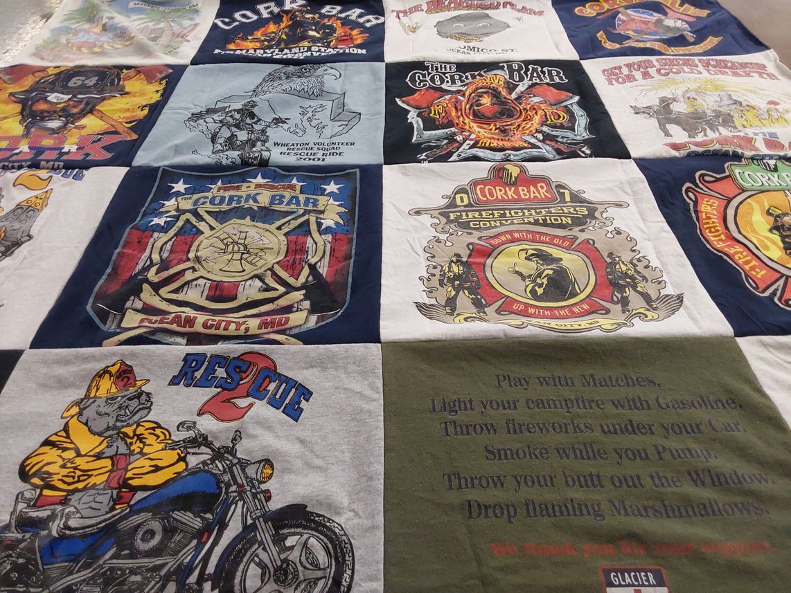 T-shirt quilt with firefighting, motorcycles themes by John from WV