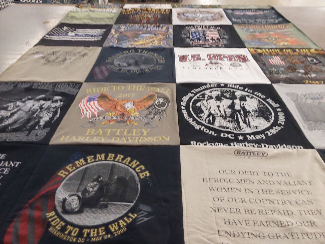 T-shirt quilt with motorcycles, patriotism themes by John from WV