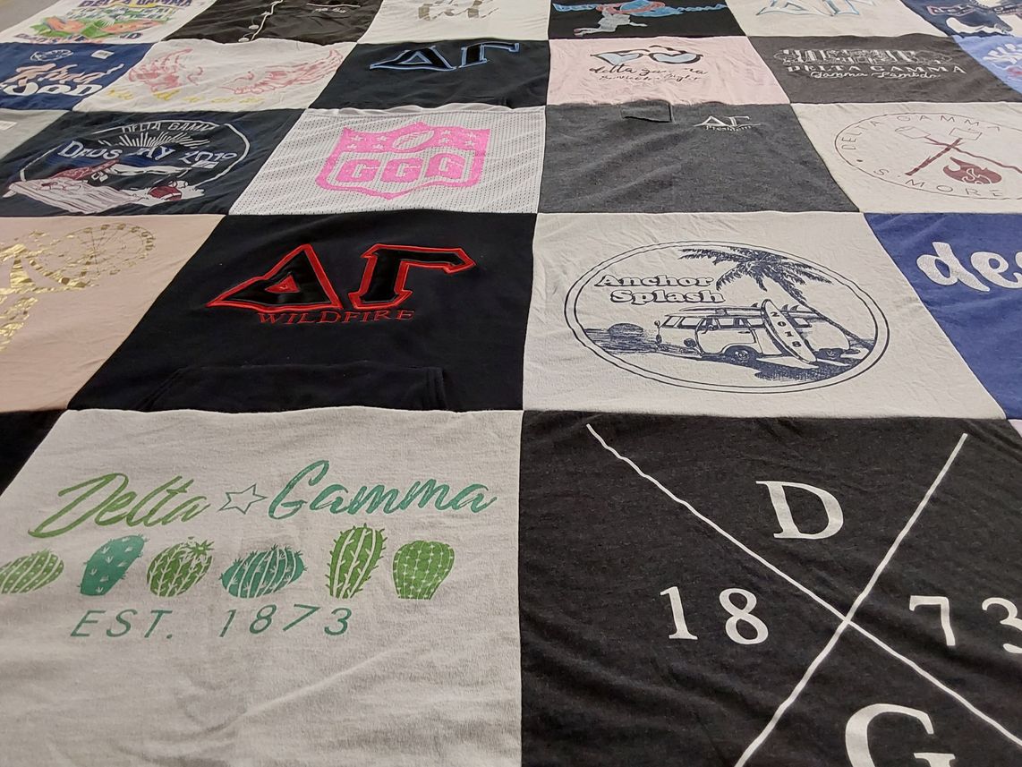 T-shirt quilt with sororities, fraternities themes by Sydney from CA