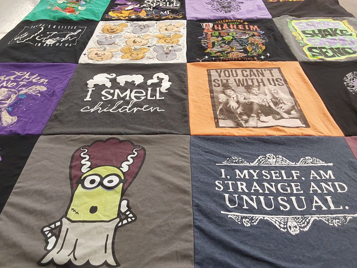 T-shirt quilt with halloween, pop culture themes by Celeste from LA