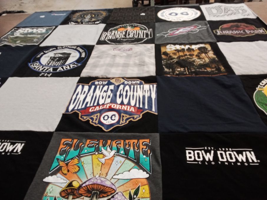 T-shirt quilt with clothing, graphic design themes by Jessica from CA