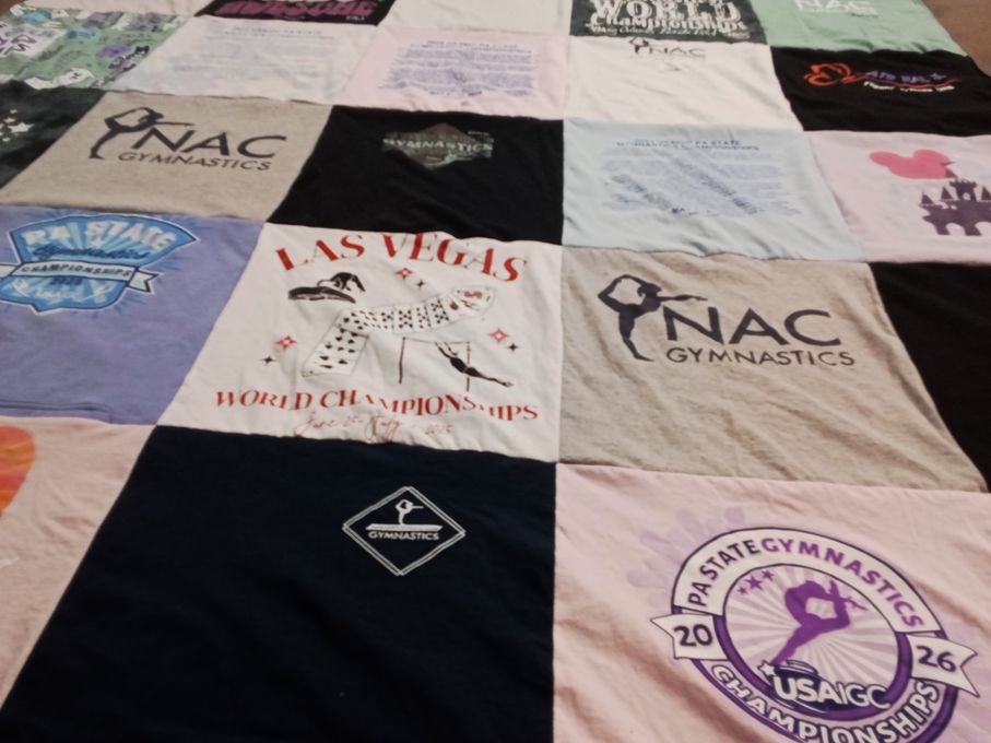 T-shirt quilt with gymnastics themes by Ava from PA