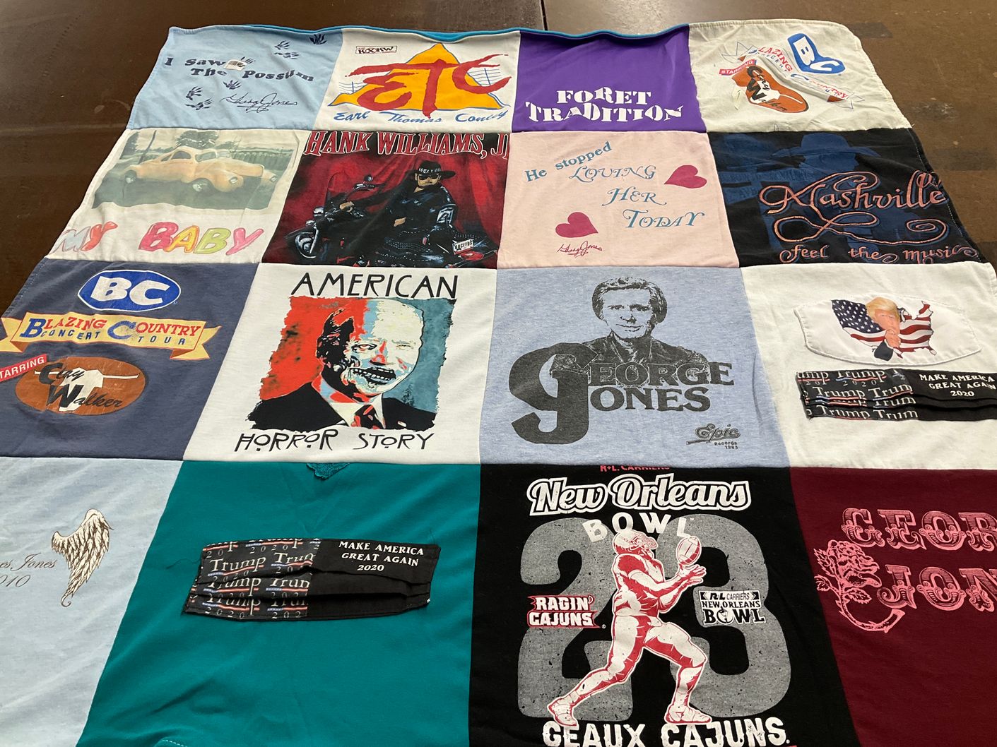 T-shirt quilt with country music, politics themes by Eldine from LA