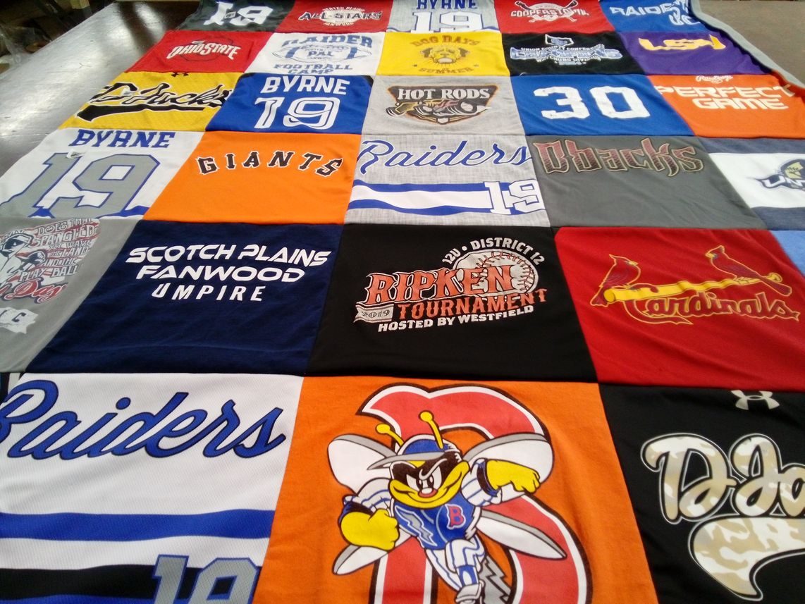 T-shirt quilt with baseball, sports themes by Lisa from NJ