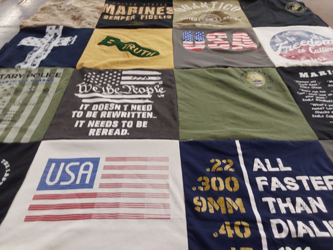 T-shirt quilt with military, patriotism themes by Lucy from HI