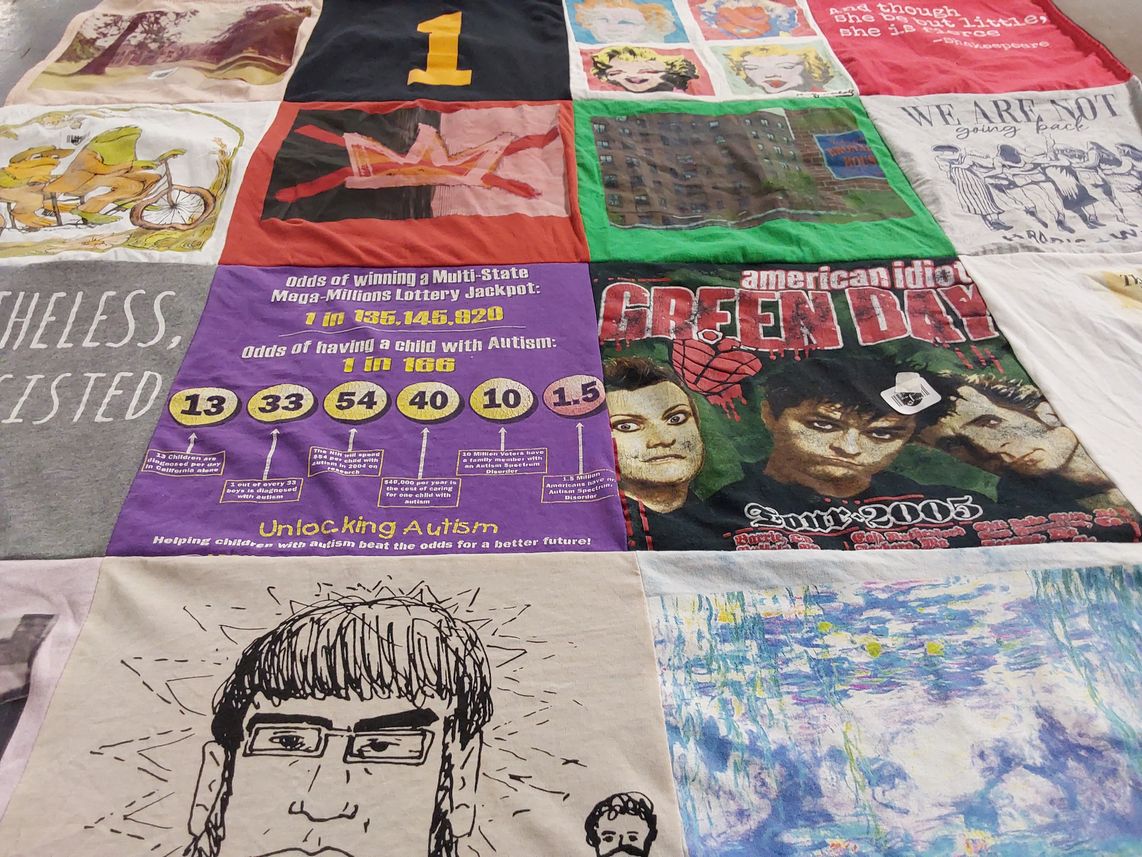 T-shirt quilt with music, autism awareness themes by Theresa from NJ