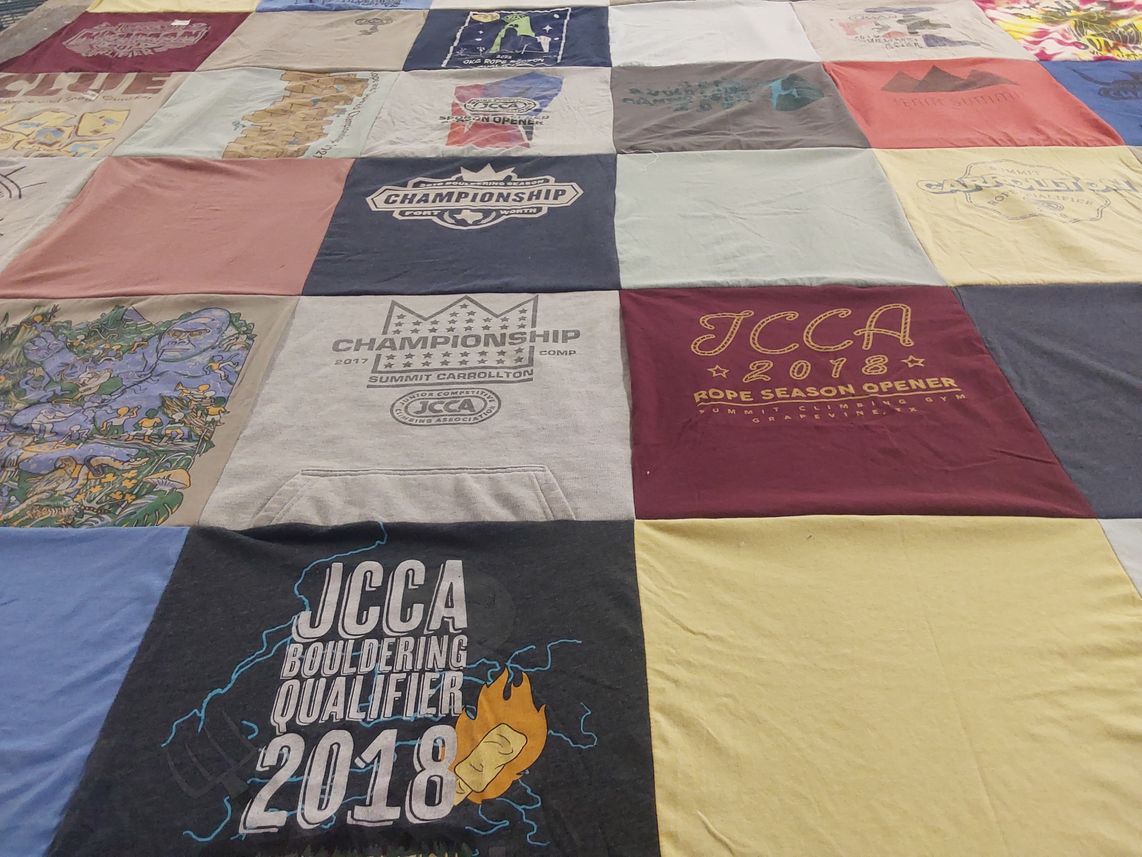 T-shirt quilt with climbing, bouldering themes by Katherine from TX