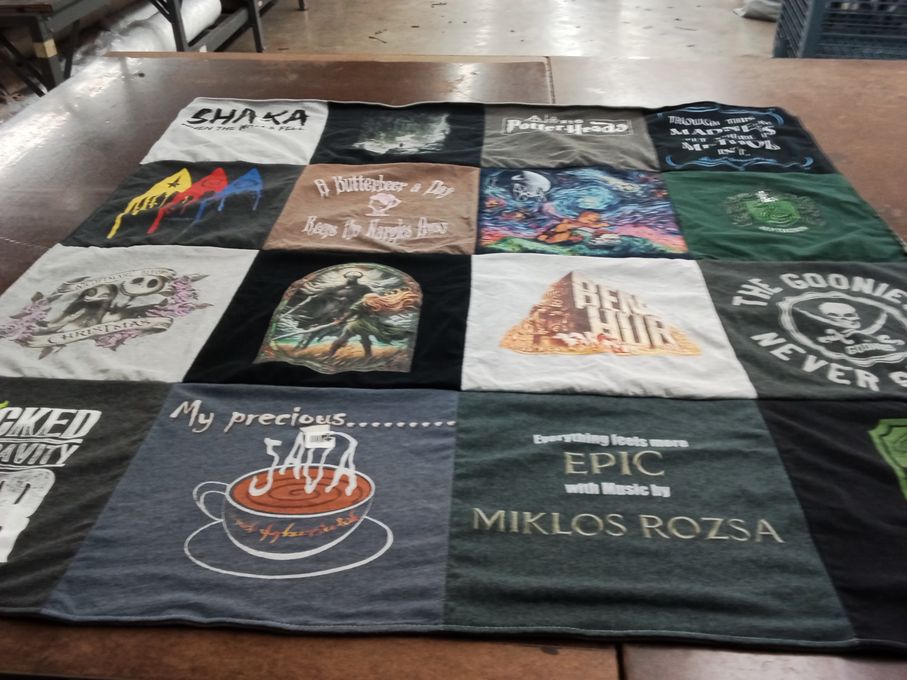T-shirt quilt with movies, music themes by Kim from AR