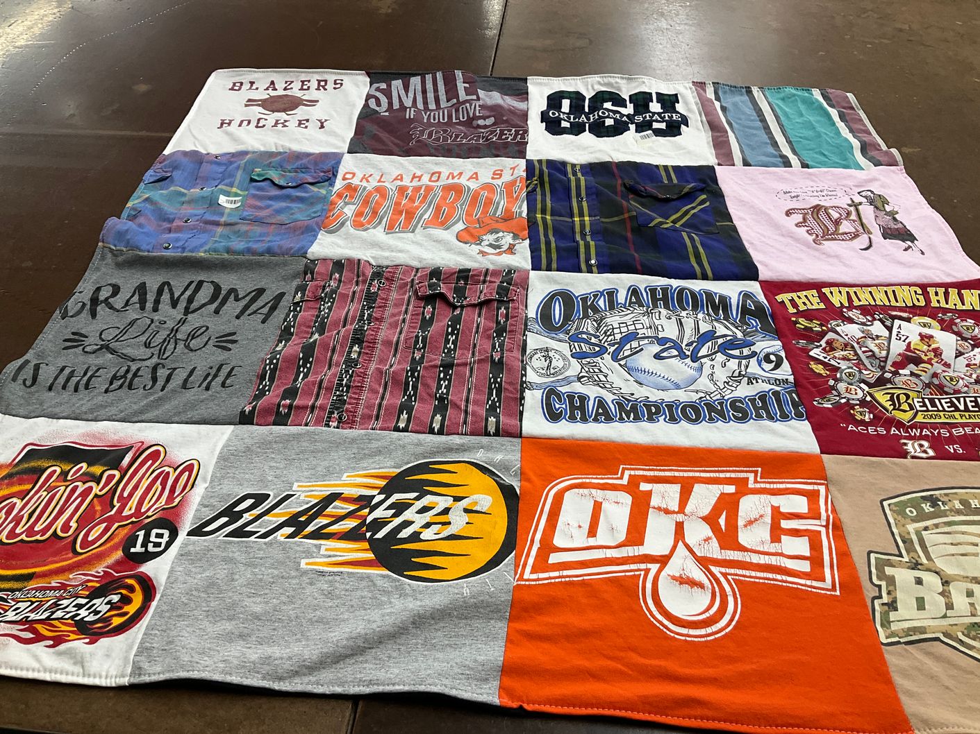 T-shirt quilt featuring oklahoma state cowboys, blazers by Beth from OK