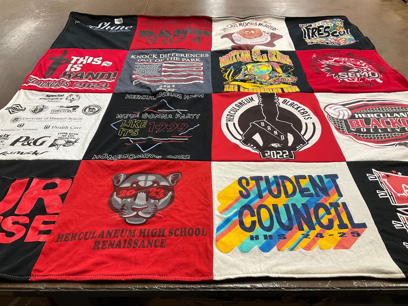 T-shirt quilt featuring herculaneum blackcats by Melody from MO