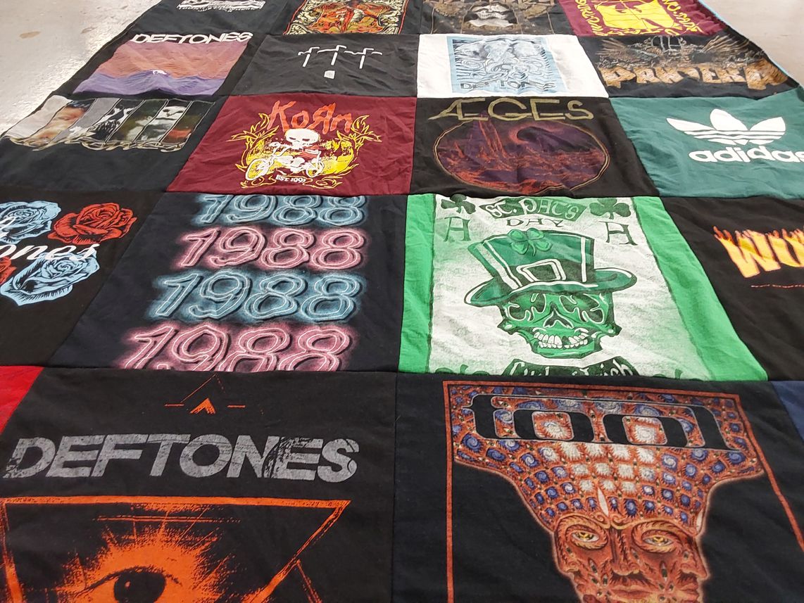 T-shirt quilt with music, rock themes by Tina from IN