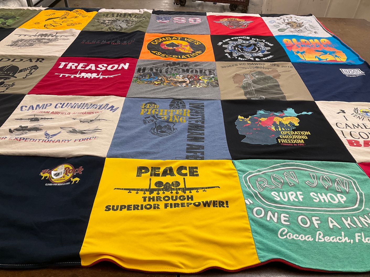 T-shirt quilt with military, aviation themes by Julie from MO